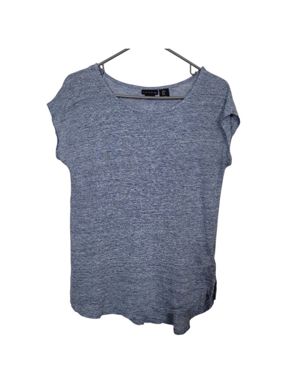 Tahari Women's 100% Linen Cap Sleeve Top Sz Medium Blue/Gray Slub Casual
